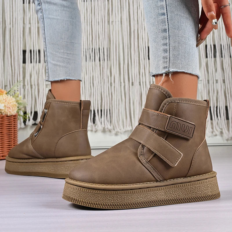 Hook Loop Pu Leather Platform Snow Boots Women Thick Bottom Warm Plush Ankle Boots Woman Comfot Anti Slip Winter Booties Mujer