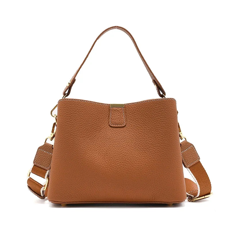 Genuine Cowhide Leather Bucket Bag for Women Luxury Designer Mini Top Handle Crossbody Shoulder Bag with Wide Strap Tote Bag