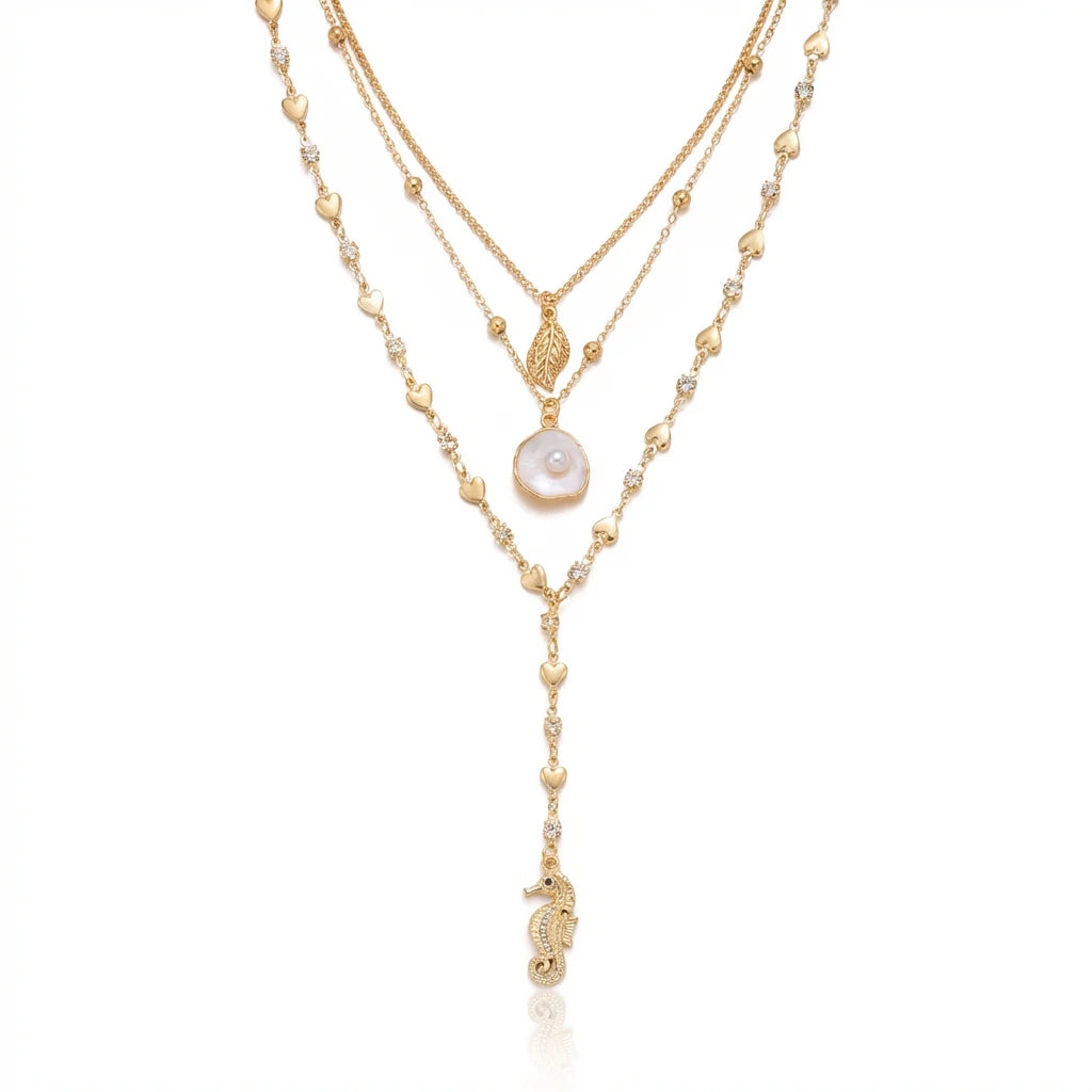 3 Layer Bohemian Seahorse Shell Conch Necklace For Women Summer Beach Layered Pendant Jewelry Gift