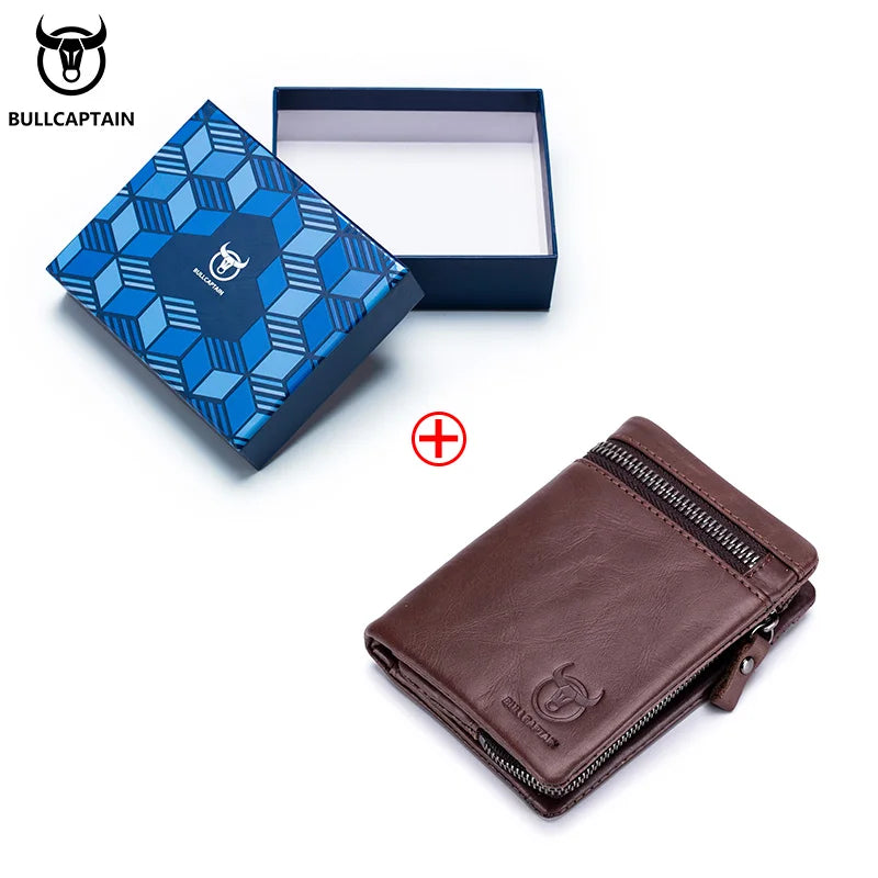 BULLCAPTAIN Short Tri-Fold Buckle Zipper Wallet Men's Cow Leather Wallet Coin Purse Money Bag Business Card Holder RFID Holder