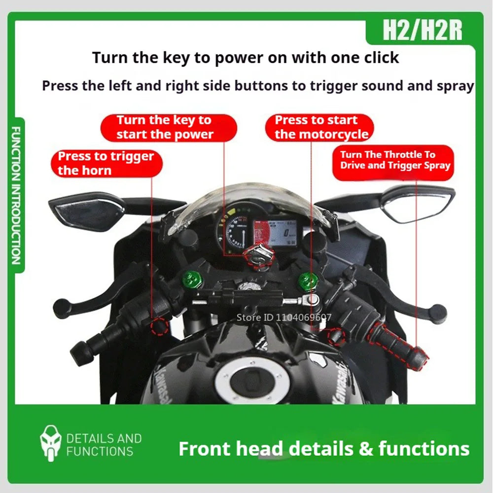 Large 1:9 Kawasaki H2R Alloy Motorcycle Diecast Car Model Toy Front Wheel Steering Shock Absorption Motorbick Adult Gift for Boy
