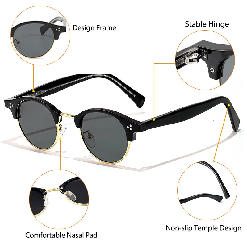 CATERSIDE Retro Punk Sunglasses Men Classic Round Half Frame Fashion Sun Glasses for Women Party Festival Travel Eyewear UV400