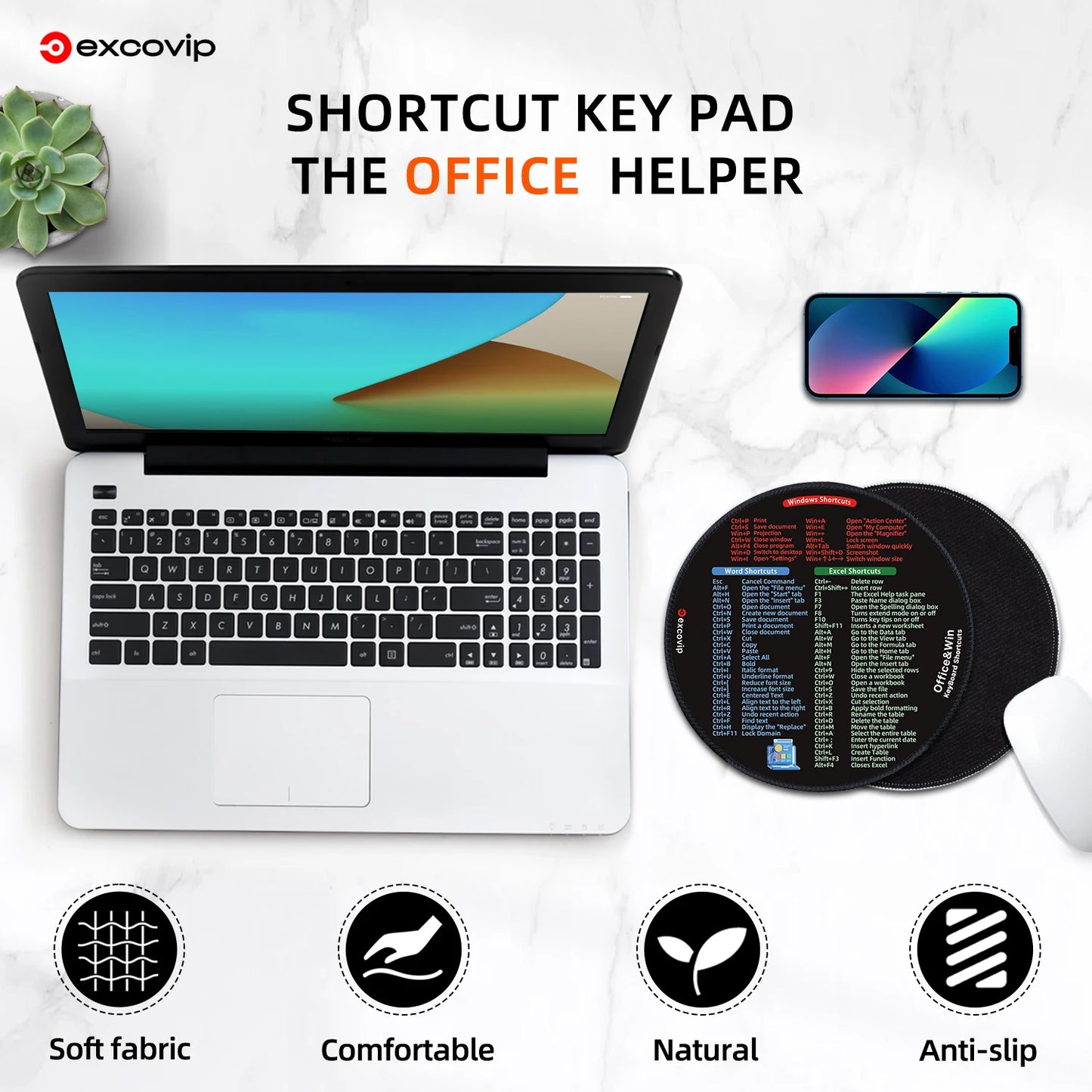 EXCO Shortcuts Mouse Pad for Excel Windows Office Round Mousepad Small with Stitched Edge Non-Slip Rubber Base for Laptop Home