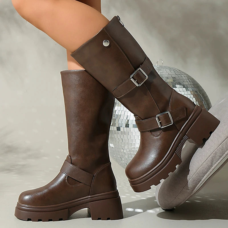 Piunk Belt Buckle Chunky Platform Knee High Boots Women Back Zipper High Heel Long Boots Woman Plus Size 42 Pu Leather Botas