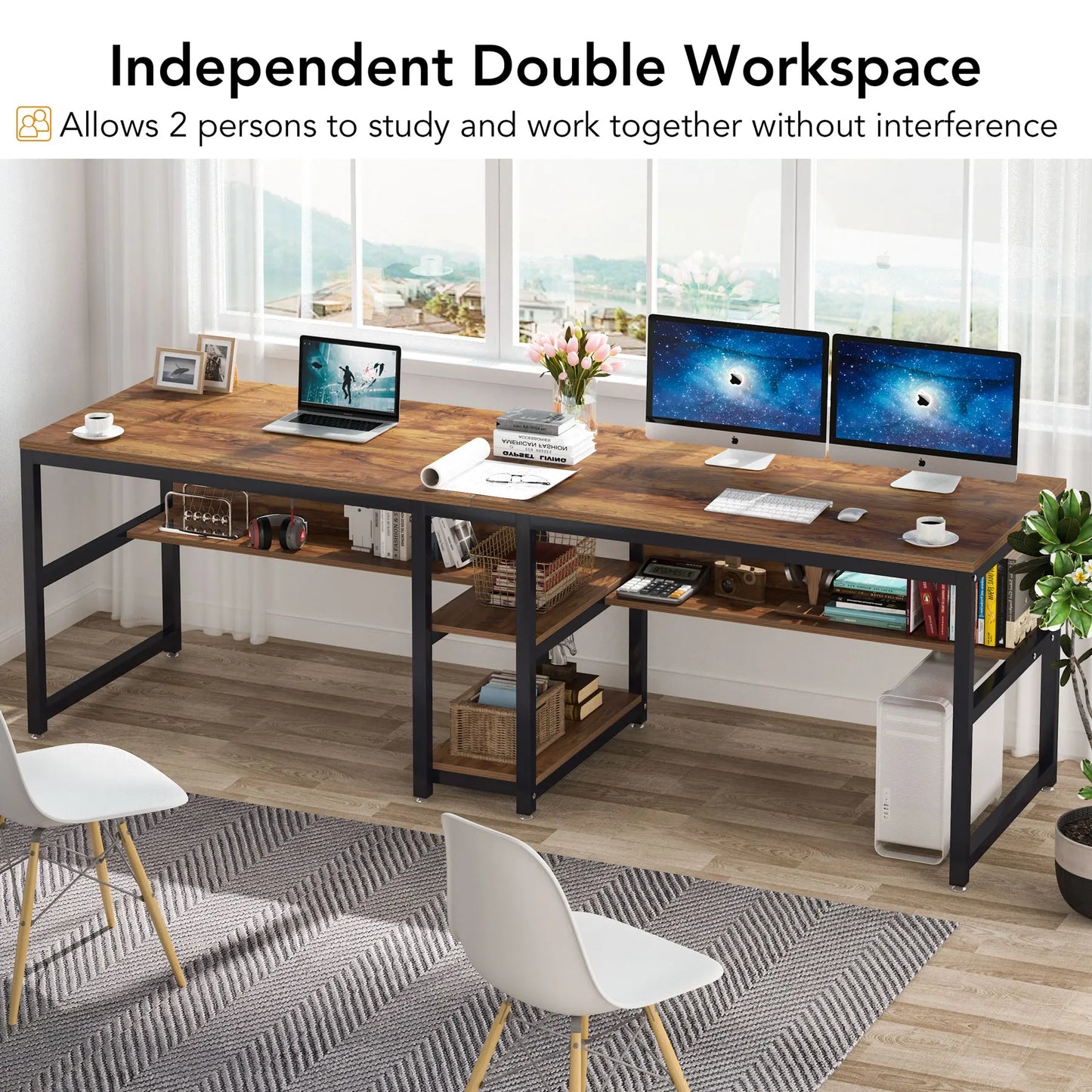 Tribesign Two Person Desk with Bookshelf, 78.7 Computer Office Double Work Desk