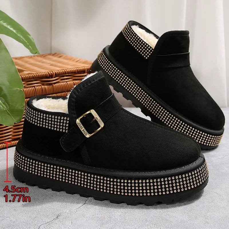 Winter Buckle Detor Ankle Boots Women Fashion Shiny Thick Bottom Snow Boots Woman Faux Suede Short Plush Warm Snow Boots Female