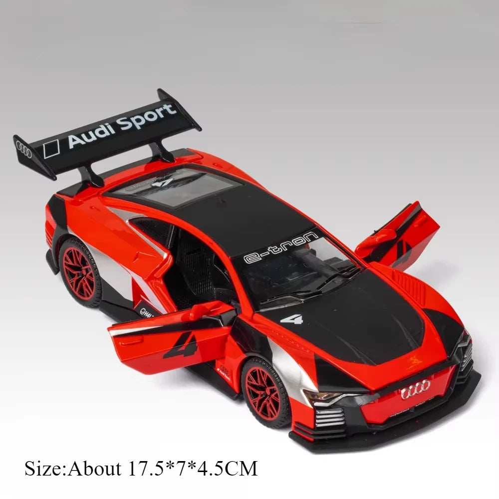 1:32 R8 V10 PLUS E-TRON Car Model Toys Alloy Diecast Vehicles Rubber Tires with Sound Light Pull Back Toy Birthday Gifts for Kid