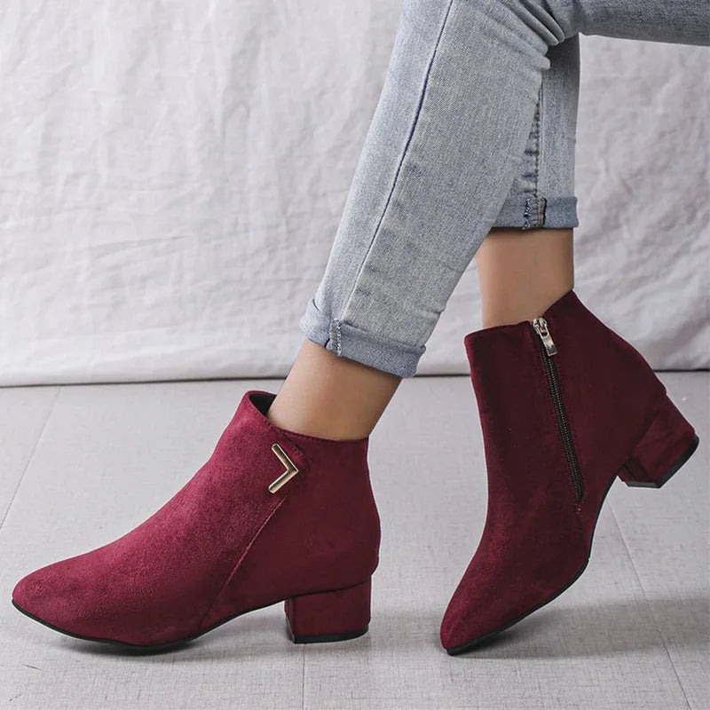 Burgundy Faux Suede Ankle Boots Women Spring Autumn 2025 Classic Metal Decoration Boots Woman Zipper Pointed Toe Botas Mujer