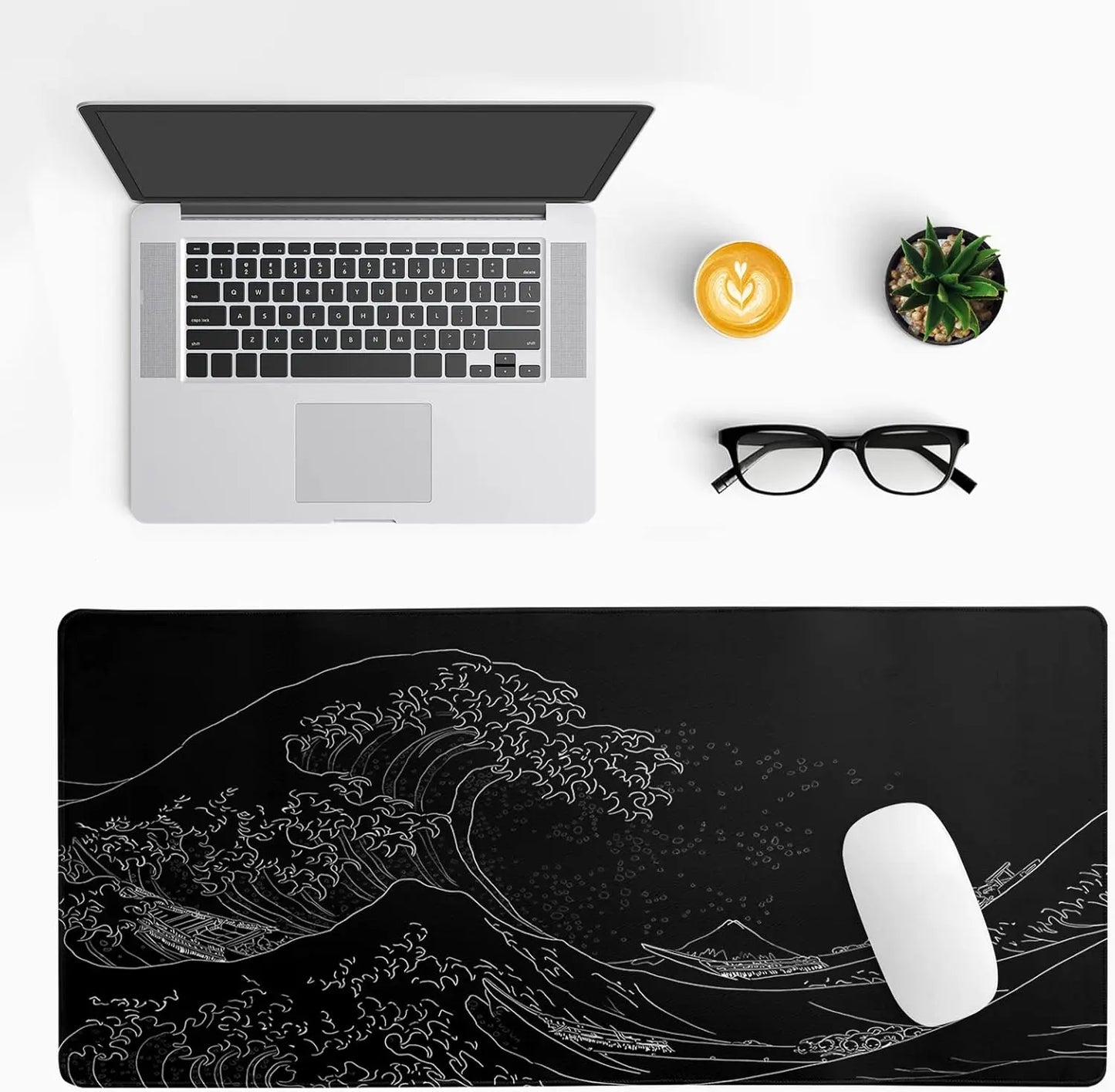 Japanese Sea Wave Large Mouse Pad, Anime Black Gaming, Extended Mat Desk Pad, 3mm Thick Long Non-Slip Rubber Base Mice Pad