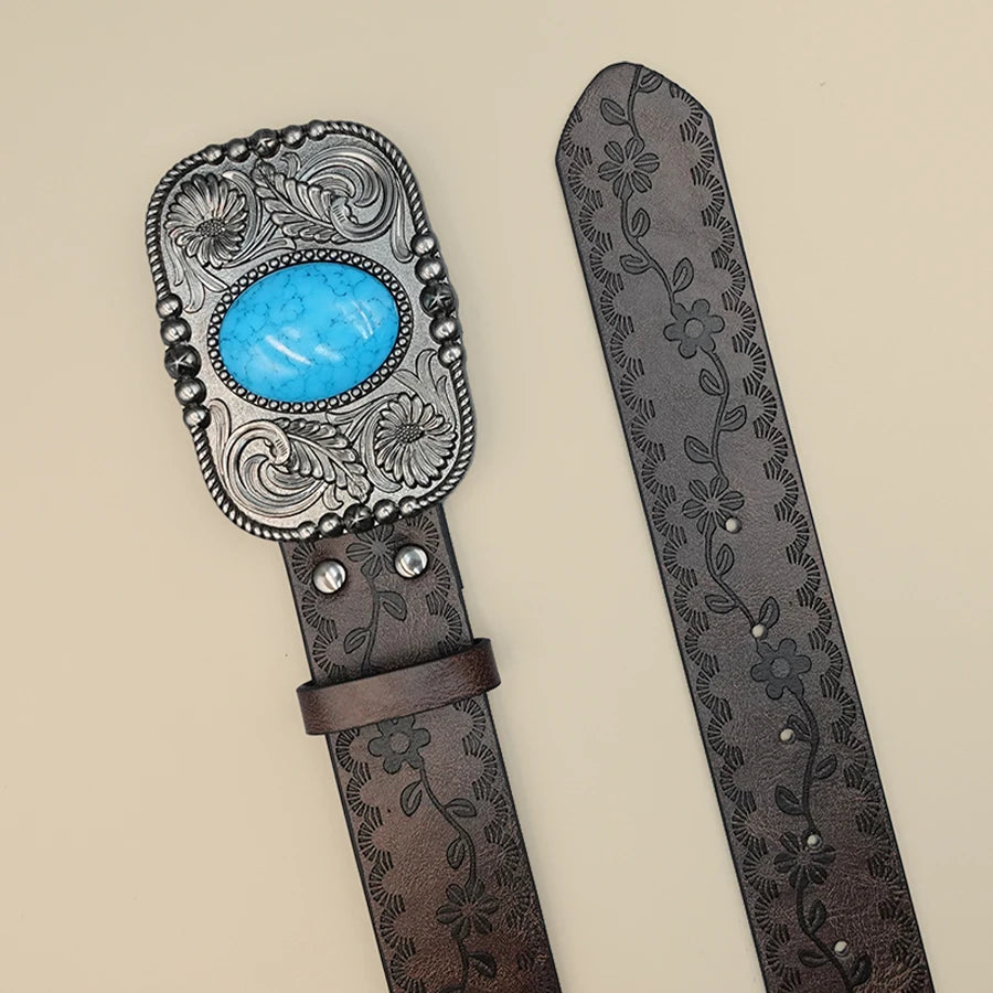 Brown Vintage Western Women's Belt - Carved Blue Turquoise Buckle, Versatile for Dresses, Jeans & Shirts