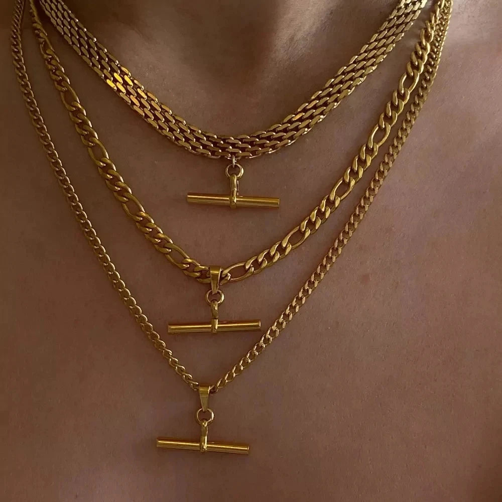 Uworld New 18K Gold Color Plating Figaro Cuban Chain T-bar Pendant Necklace Stainless Steel T-bar Pendant Necklace For Women