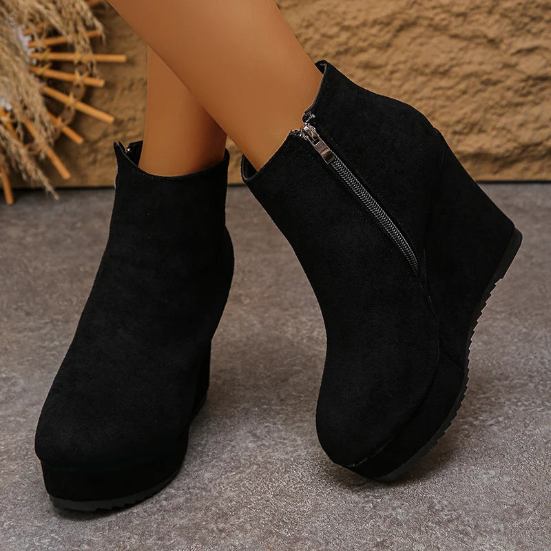 Black Wedge High Heel Ankle Boots Women Faux Suede Chunky Platform Boots Woman 2025 Plus Size 35-42 Zipper Short Booties Mujer