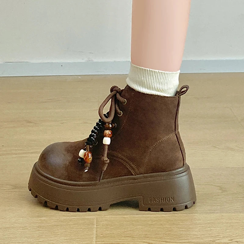 Vintage Chunky Platform Ankle Boots Women Autumn Winter Thick Sole Lace Up Boots Woman 2025 Anti Slip Zipper Short Booties Mujer