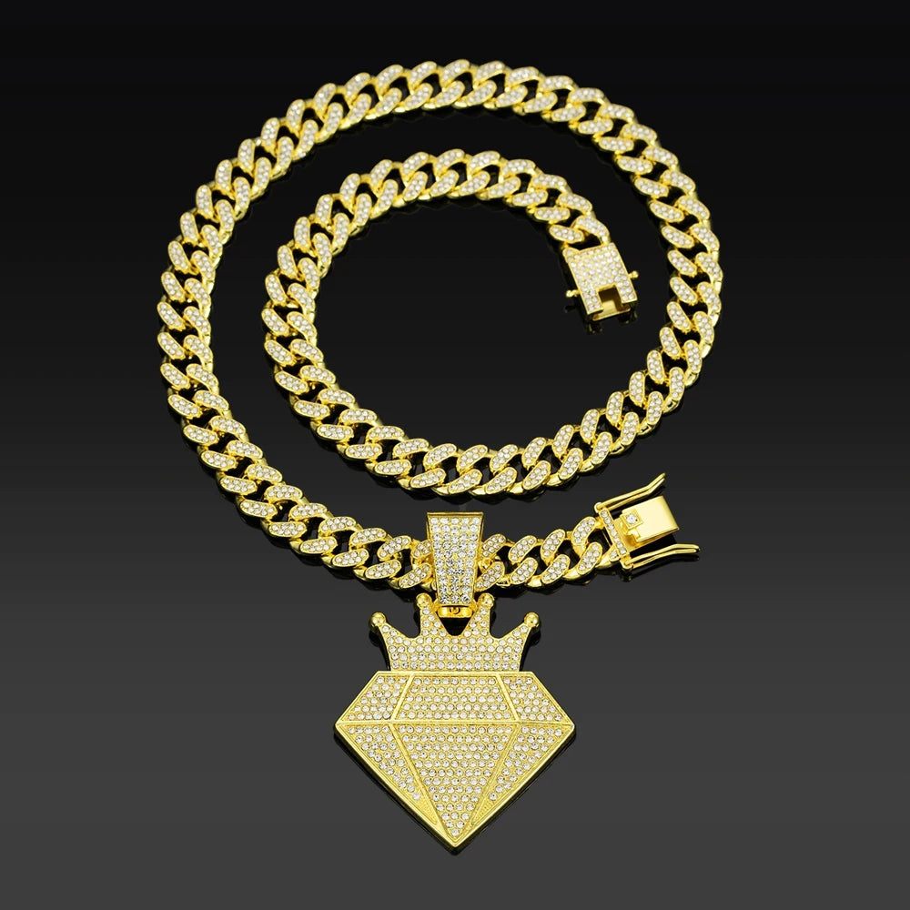 High Quality Hip Hop Alloy Full Diamond Crown Necklaces With 13mm Cuban Chain Diamond Shape Pendants For Men Charm Jewelry Gifts