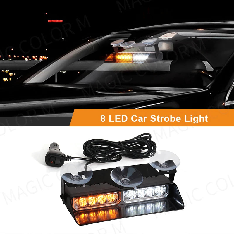 LED Car Strobe Light For Emergency Flash Warning Lamp Windshield Bar 8 Beads Red Blue Amber White Waterproof Auto Light Assembly