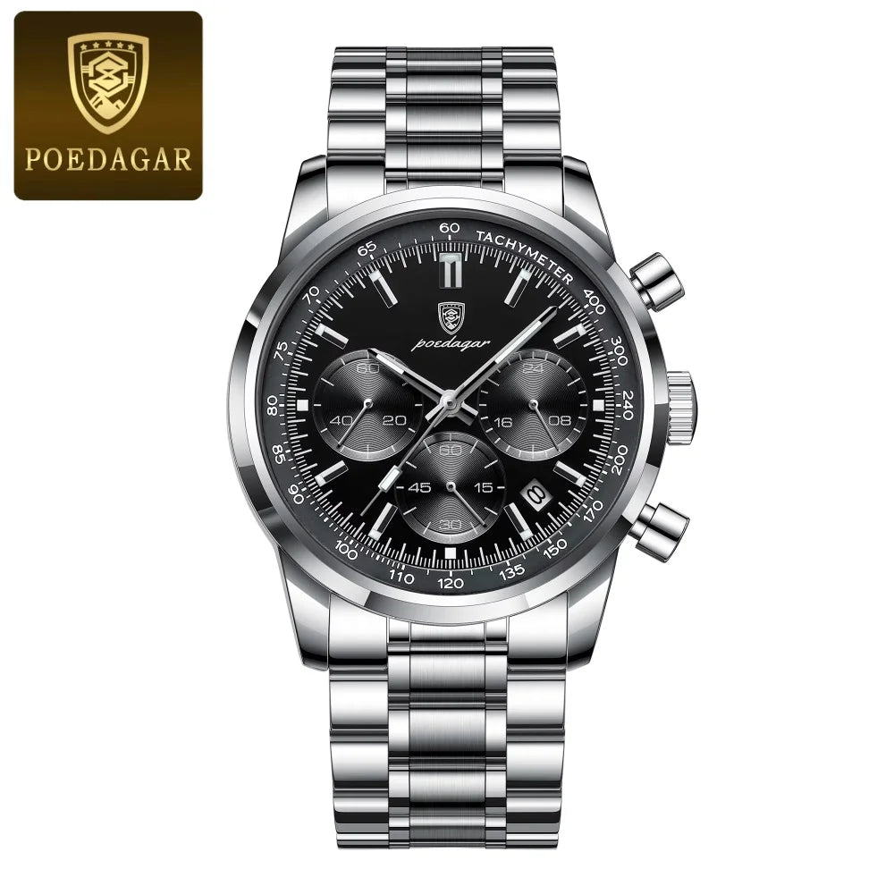 POEDAGAR Luxury Waterproof Chronograph Men' Silver steel Black Quartz Wristwatch
