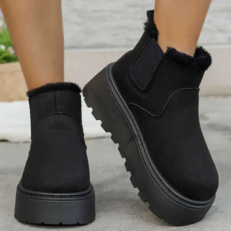 British Style Solid Color Platform Snow Boots Women Winter Soft Short Plush Warm Ankle Boots Woman Faux Suede Booties Female