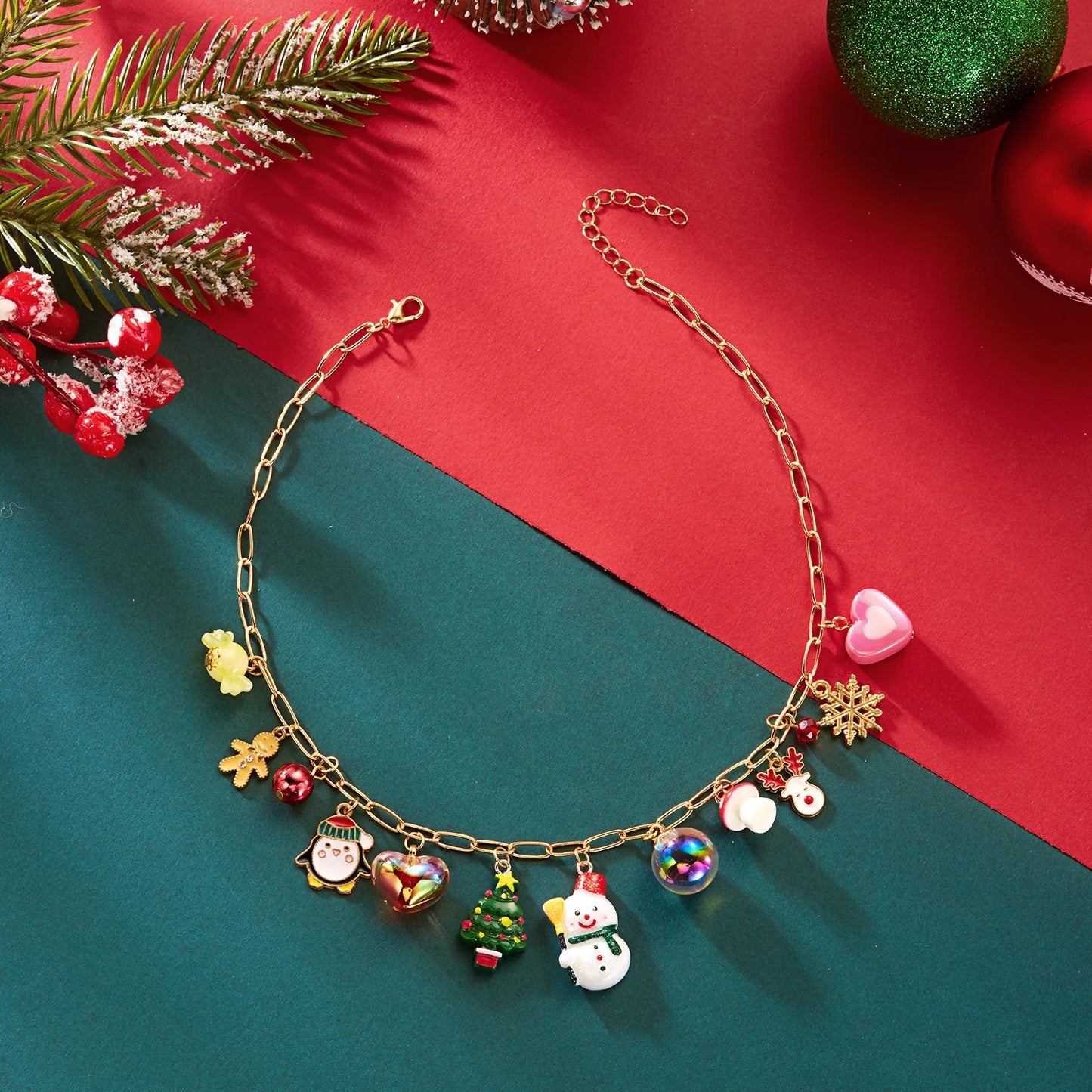 Trendy Christmas Tree Bell Snowflake Pendant Necklaces for Women Cartoon Elk Snowman Charm Bracelets Festival Party Jewelry Sets