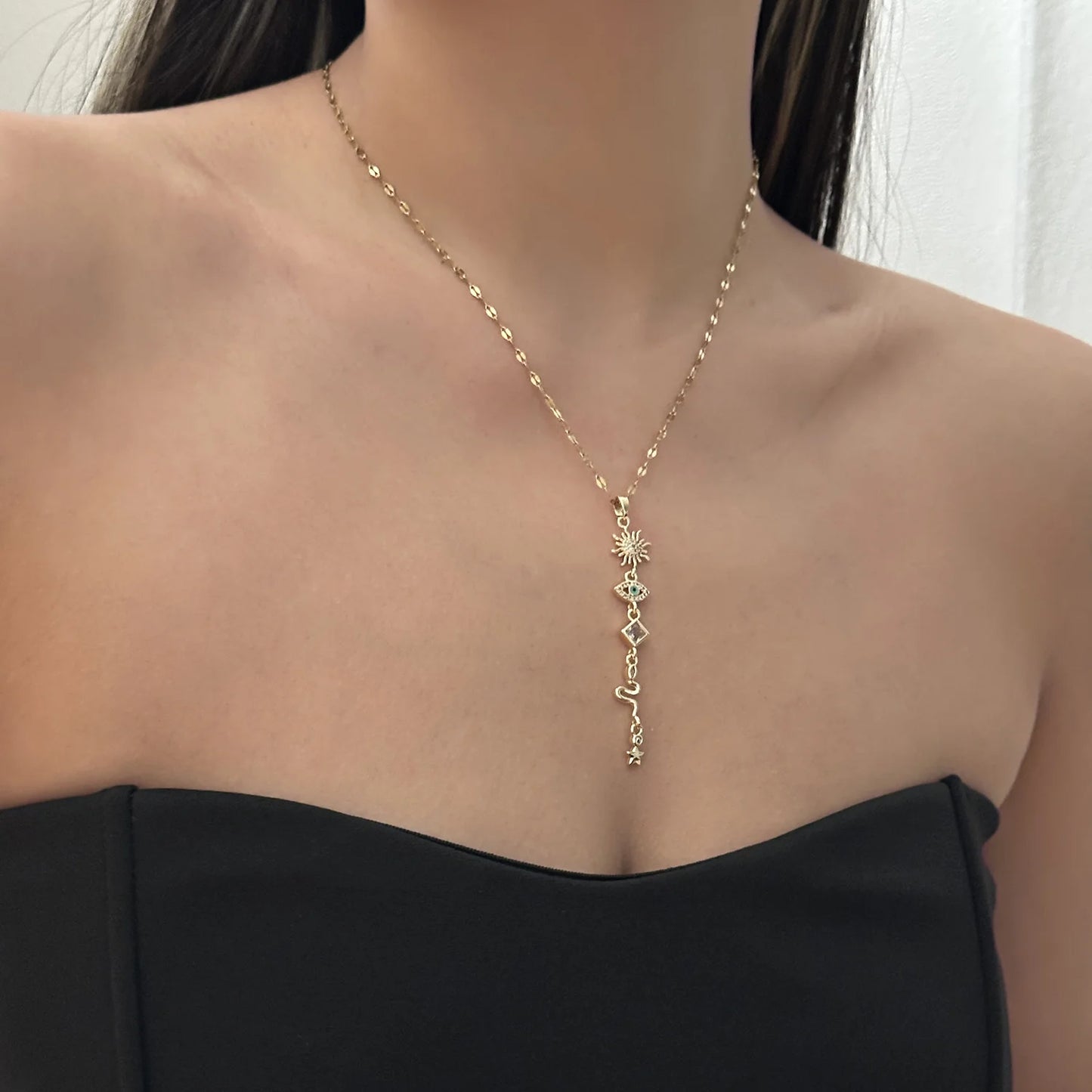 Celestial Mystical Gold Tone Necklace for Women Copper Stainless Steel Chain Sun Evil Eye Snake Tassel Boho Daily Jewelry Gift