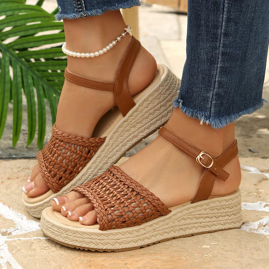 Vintage Woven Platform Sandals Women Plus Size 42 Ankle Buckle Thick Sole Summer Sandals Woman Non Slip Wedges Rome Sandalias