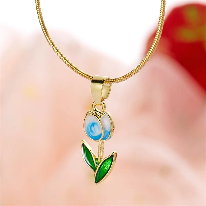 Vintage Elegant Tulip Flower Pendant Necklace for Women Fashion Aesthetic Flowers Clavicle Chain Choker Wedding Party Jewelry