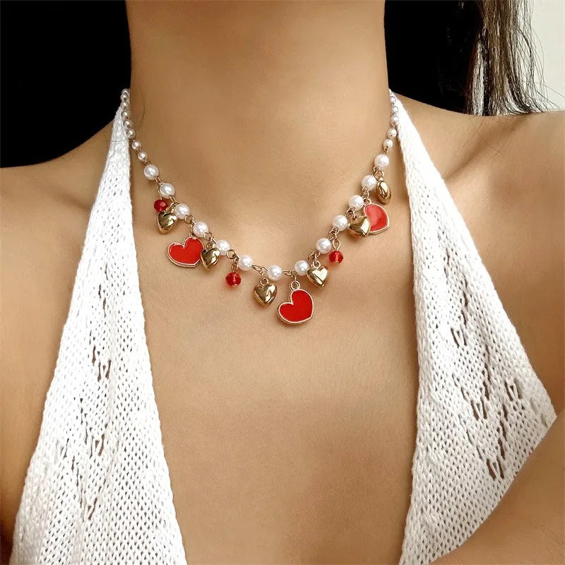 Y2K Sweet Cute Red Strawberry Cherry Pendant Necklace for Women Girls Love Heart Imitation Pearl Chain Choker Fashion Jewelry
