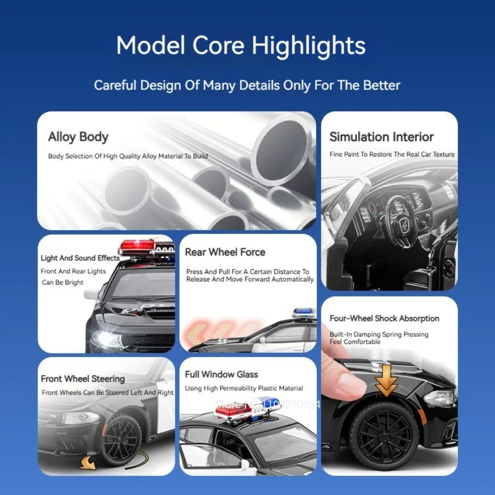 1:32 Charger 911 DaKar Alloy Police Car Model Miniature Toy Rear Wheel Return Force Light Music Door Opened Vehice Boy Xmas Gift