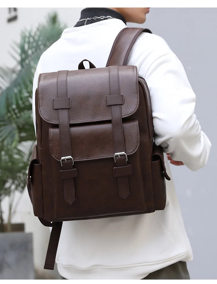 Leather Shoulder Backpack Waterproof Men Retro Casual Business Laptop Bags