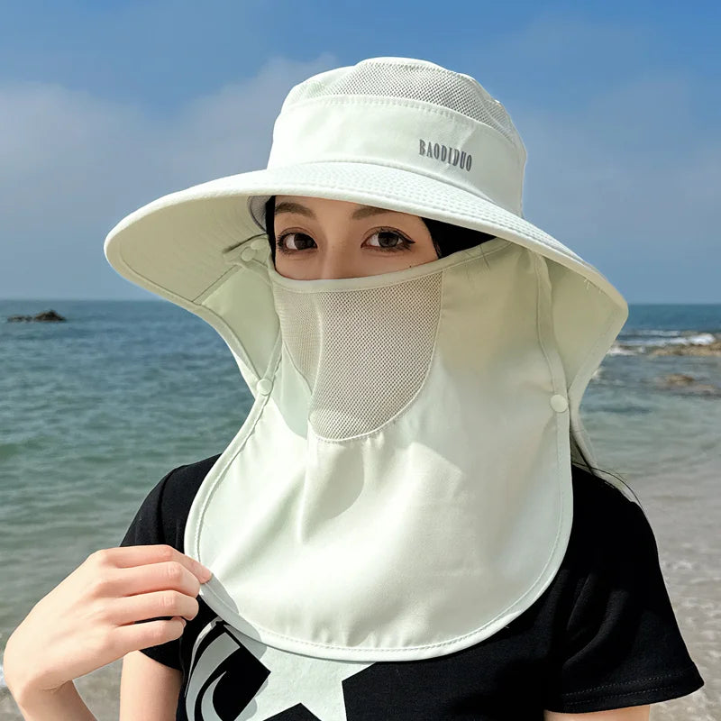 8458 Spring summer Cross border large cape sun block hat fashion face mask fisherman hat with ponytail hole visor hat children