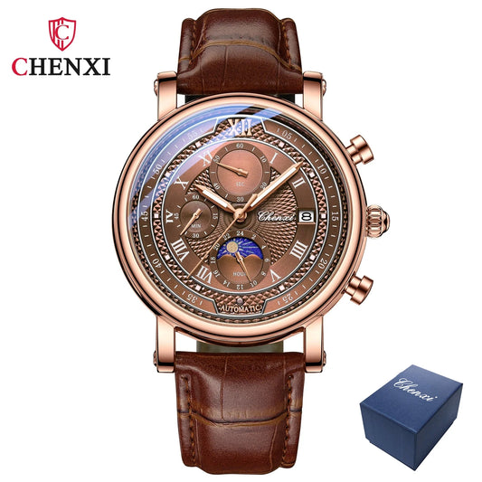Chenxi Men's Leather Chronograph Phase of The Moon Luminous Quartz Watch Brown