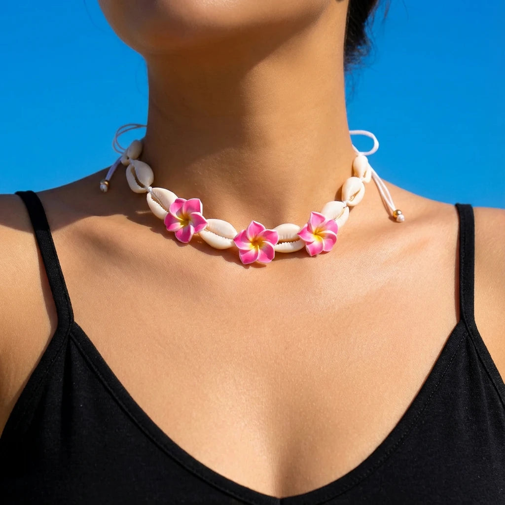 Bohemian Cowrie Shell Necklace Y2K Aesthetic Pink Plumeria Flowers Summer Beach Choker for Women Hawaiian Vacation Jewelry Gift