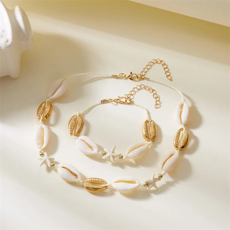 Bohemian Starfish Shell Charms Bracelet Necklace Set For Women Summer Beach Hand Woven Rope Necklace Vacation Party Jewelry Gift