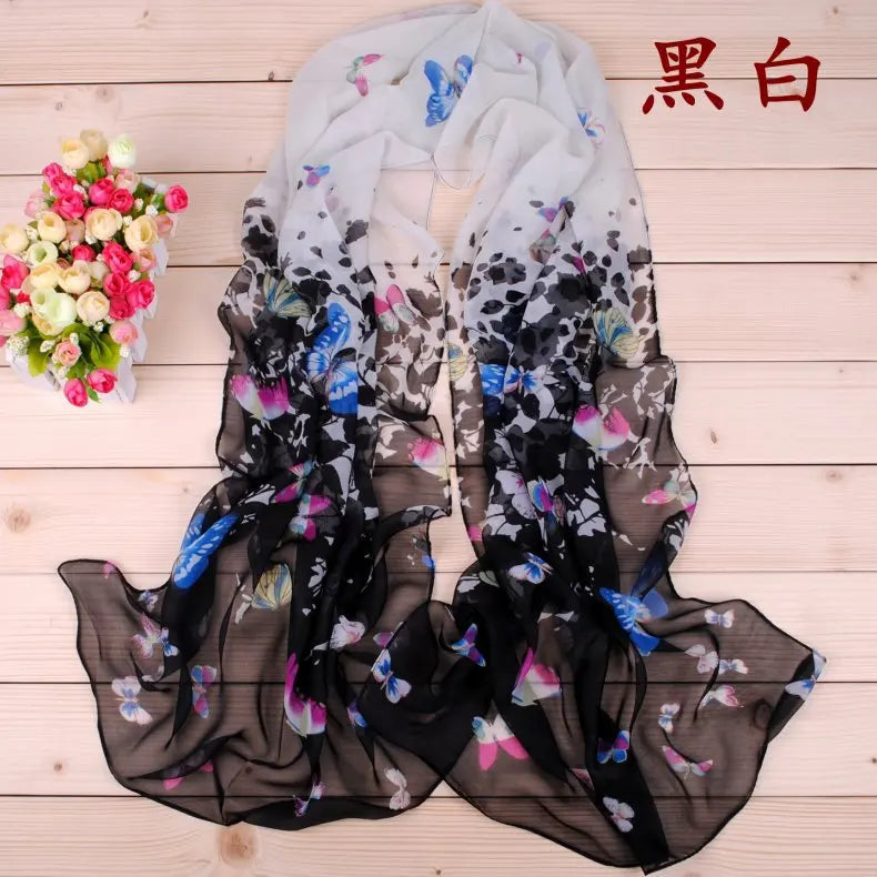 New Yiwu Colorful Little Butterfly Women's Printed Chiffon Long Scarves Wholesale Spring and Summer Printed Scarves