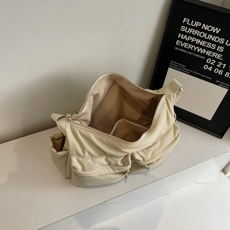 White Casual Work Style Waterproof Nylon Crossbody Shoulder Bag W/Large Capacity