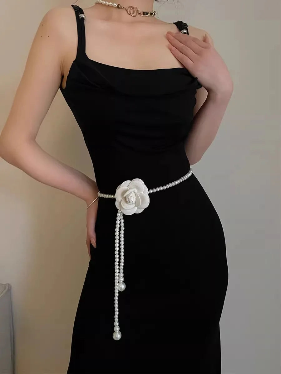 Camellia Pearl Waist Chain For Women Versatile With Skirts Sweet Decoration Thin Waist Belt To Cinch And Slim The Waist