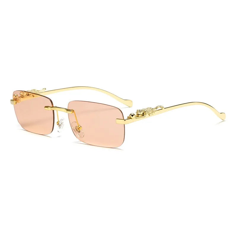 Rimless Square Fashion Fashion Glasses with Leopard Print Accents, Golden - Tone Metal Frame, Gradient Lenses