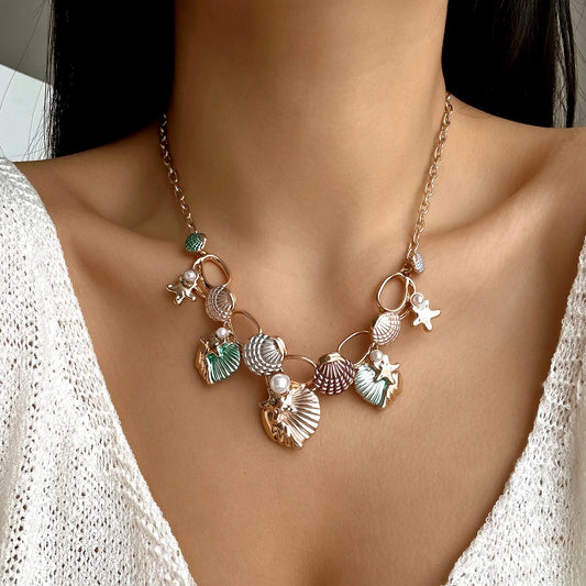Vintage Glazed Colorful Starfish Scallop Pendant Necklace Boho Exaggerated Metal Shell Pearl Necklace Women Summer Beach Jewelry
