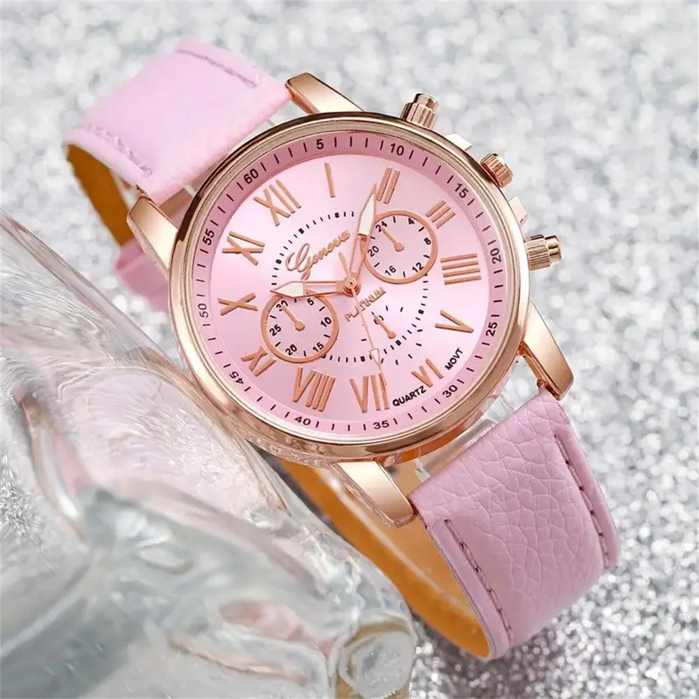 6PCS/Set Women's Quartz Watch Leather Band Analog Wrist Watches Jewelry w/o Box