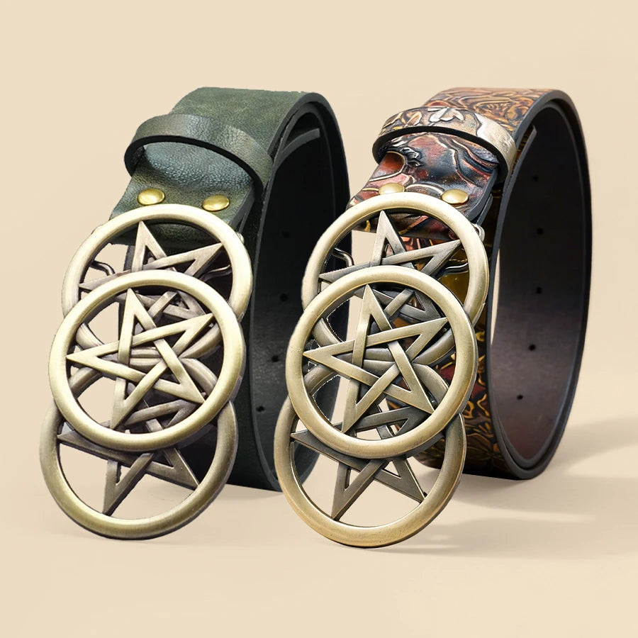Gothic Pentagram Belt Women Vintage Metal Buckle Two-Tone Embossed Waist Cinch Fashion Accessory
