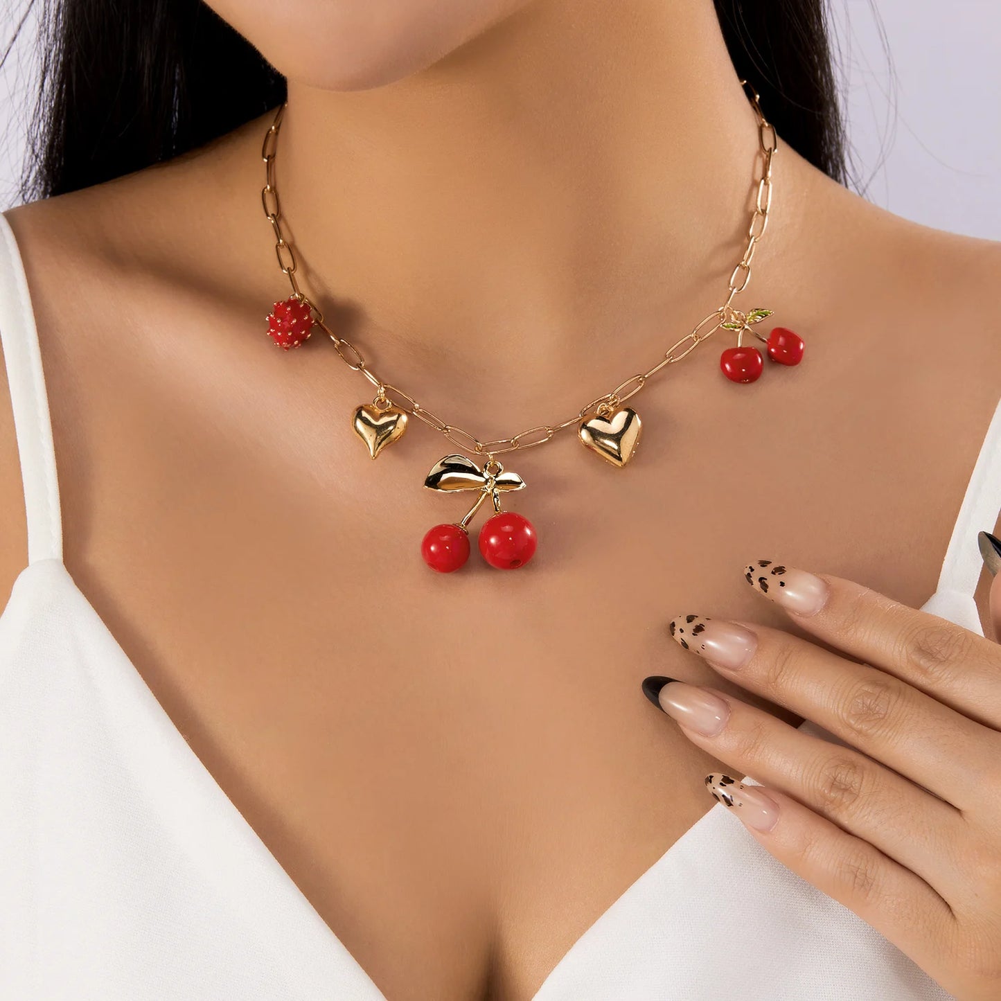 Sweet Charms Heart Cherry Strawberry Bow Multiple Pendant Necklace for Women New Trendy Cute Fruit Choker Chain Y2k Jewelry Gift