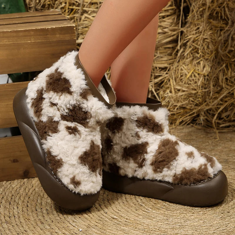 Thick Sole Fluffy Snow Boots Women Vintage Printed Thicken Plush Winter Ankle Boots Woman Non Slip Platform Cotton Padded Shoes