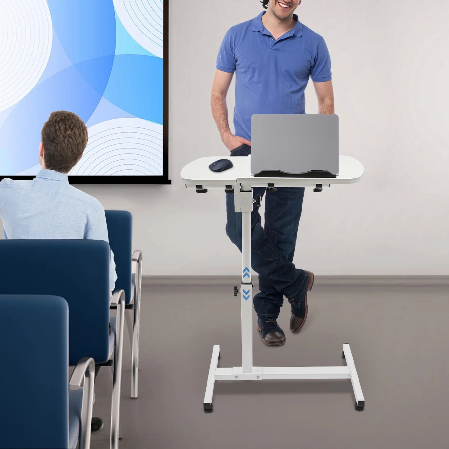 White Carbon Steel Adjustable Laptop Desk Stand With 360° Swivel Wheels w/Brakes