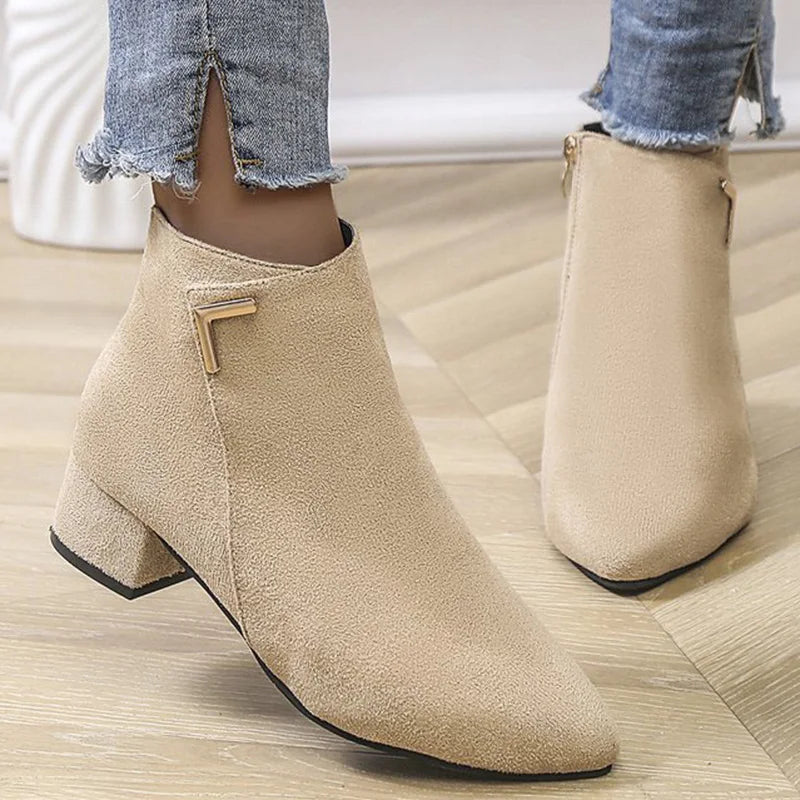 Spring Autumn Fashion Faux Suede Ankle Boots Women Solid Color Zipper Boots Woman Metal Decoration Pointed Toe Botas Lady