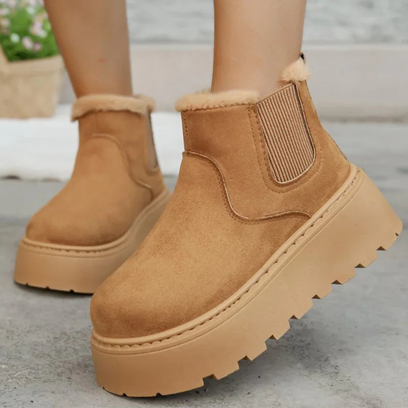 British Style Solid Color Platform Snow Boots Women Winter Soft Short Plush Warm Ankle Boots Woman Faux Suede Booties Female
