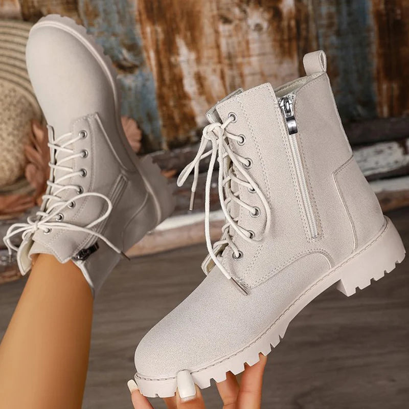 Retro Solid Zip Ankle Boots for Women Autumn Winter Square Heel Lace-Up Women\'s Boots Plus Size Round Toe Shoes of Woman