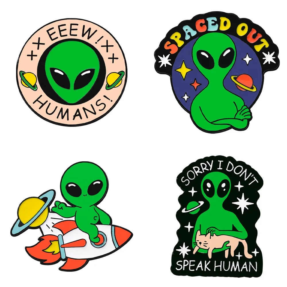 4PCS ET Alien Enamel Pin UFO We Come To Party Save A Horse Ride A Cow Funny Cowboy Western Brooches Lapel Backpack Badge Jewelry