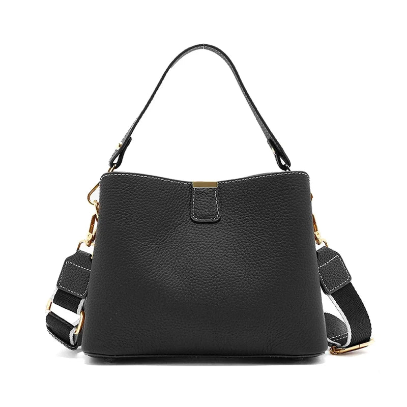 Genuine Cowhide Leather Bucket Bag for Women Luxury Designer Mini Top Handle Crossbody Shoulder Bag with Wide Strap Tote Bag