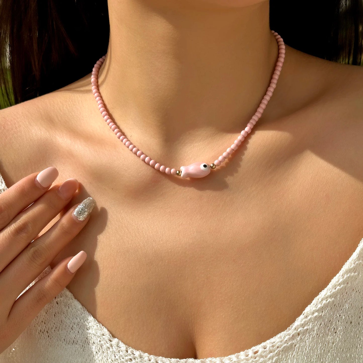 Boho Colorful Acrylic Beaded Choker Necklace for Women Girls Y2K Sweet Cute Ceramic Fish Pendant Necklace Summer Beach Jewelry
