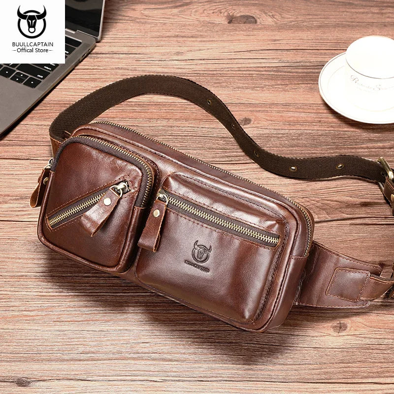 BULLCAPTAIN Men's Genuine Leather Chest Bag Outdoor Sports Shoulder Bag Multifunctional Large Capacity Waist Bag
