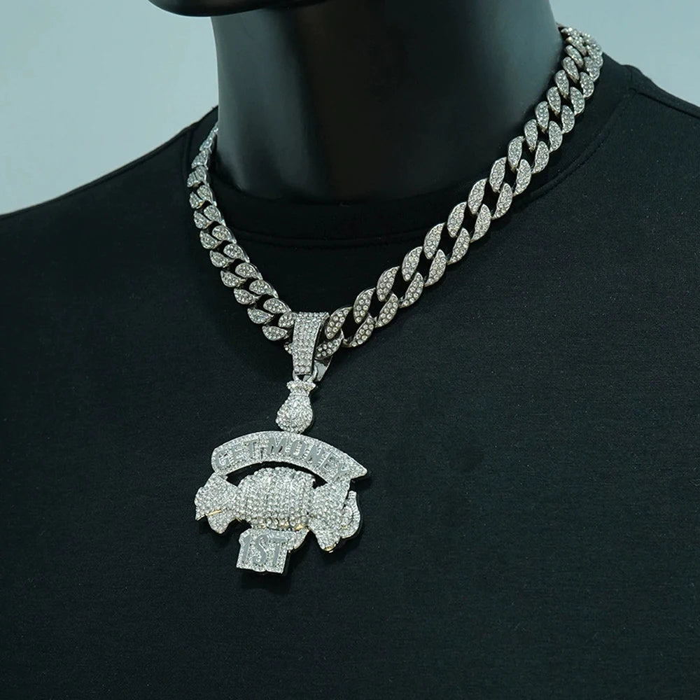 New Hip Hop Style Letter GET MONEY & Money Bag Pendant Necklace with 15MM Cuban Chain Men Candy Necklaces Rapper Hip Hop Jewelry